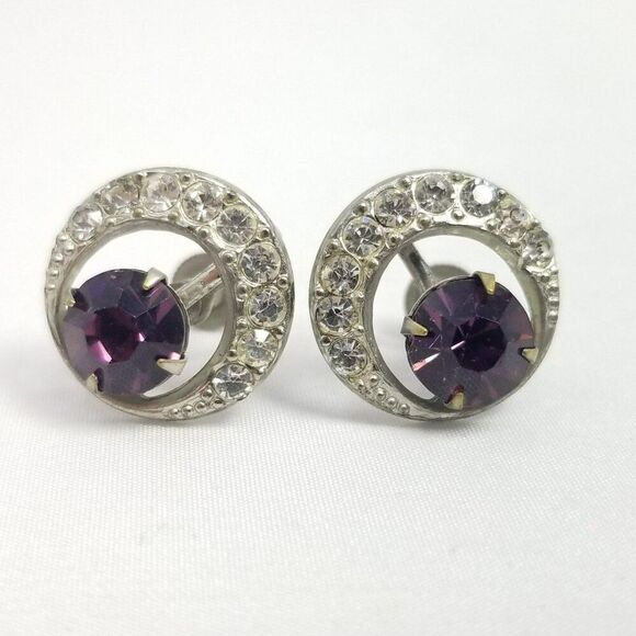 Vintage Crescent Moon / Eye Shape Clip On Earrings Purple Rhinestone Silver Tone - Picture 1 of 6